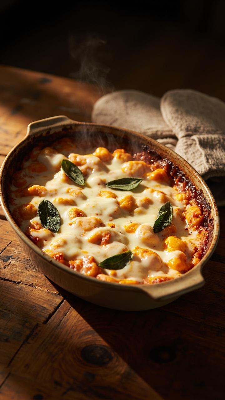 Baked pumpkin gnocchi in a shallow casserole dish with melted bubbly mozzarella and brown edges, a few sage leaves on top, oven mitt and a wooden table