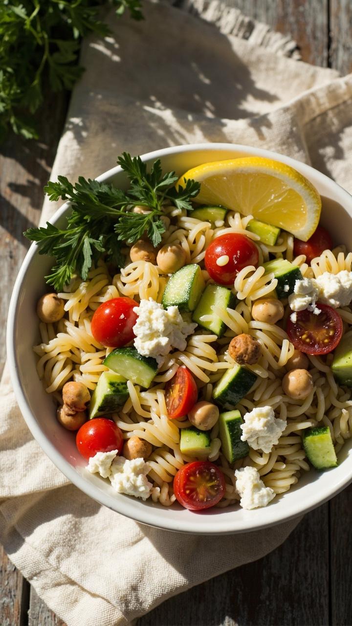 A shallow white bowl of glossy golden orzo studded with cubed cucumber, halved cherry tomatoes, crumbled feta, and chickpeas. Fresh parsley and lemon wedges sit on the side. A rustic wooden table and a folded linen napkin frame the bowl.