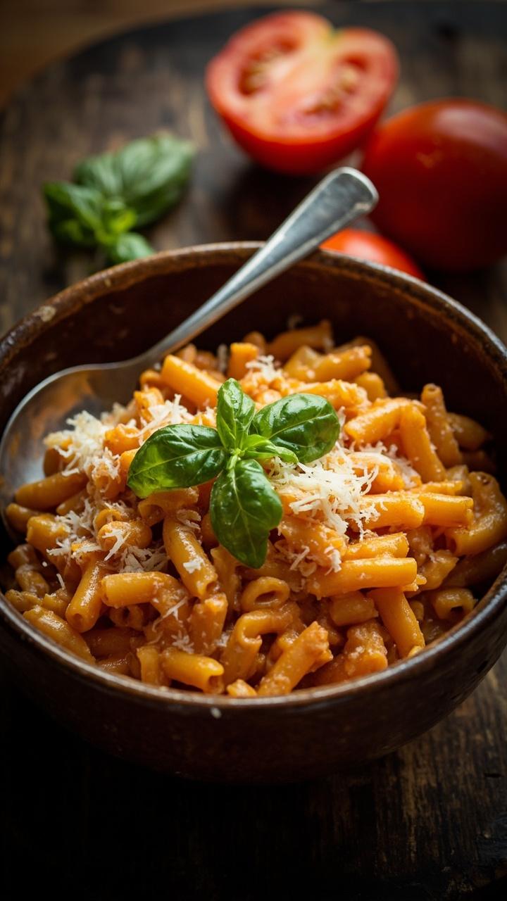 A deep bowl of orange-hued creamy orzo topped with fresh basil leaves and a sprinkle of grated Parmesan. A small spoon rests on the bowl edge, and a halved ripe tomato sits beside it on a wooden board.