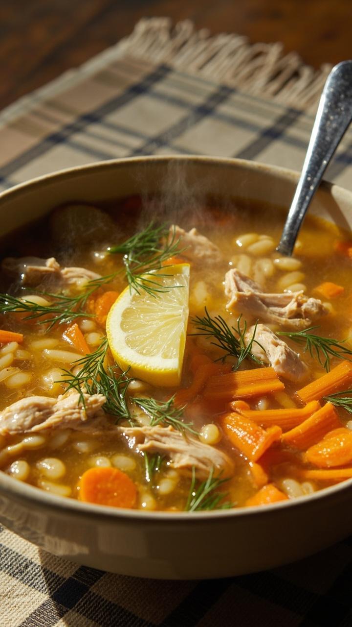 A wide soup bowl filled with golden broth, orzo, shredded chicken, julienned carrots, and flecks of fresh dill. A lemon wedge sits on the rim and a spoon is tucked in the bowl on a checkered placemat.