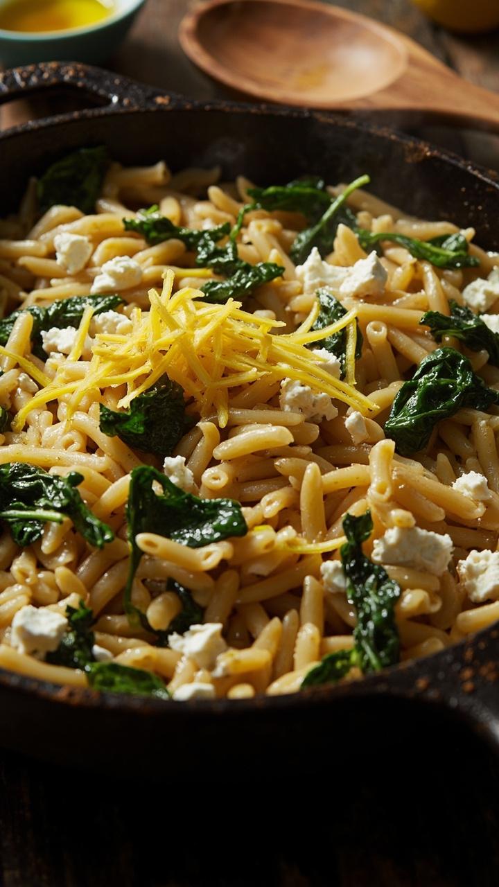 A shallow cast iron skillet filled with glossy orzo studded with wilted dark green spinach and crumbled white feta. Lemon zest and a drizzle of olive oil finish the scene. A wooden spoon lies beside the skillet.