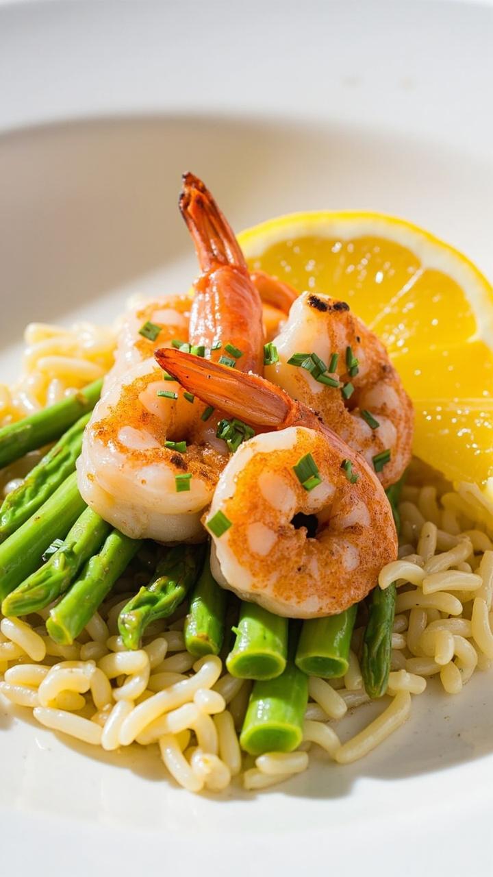 A shallow white plate with pearly orzo topped with pink seared shrimp arranged in a fan over blanched asparagus tips. A sprinkling of chopped chives and lemon wedges complete the plate.
