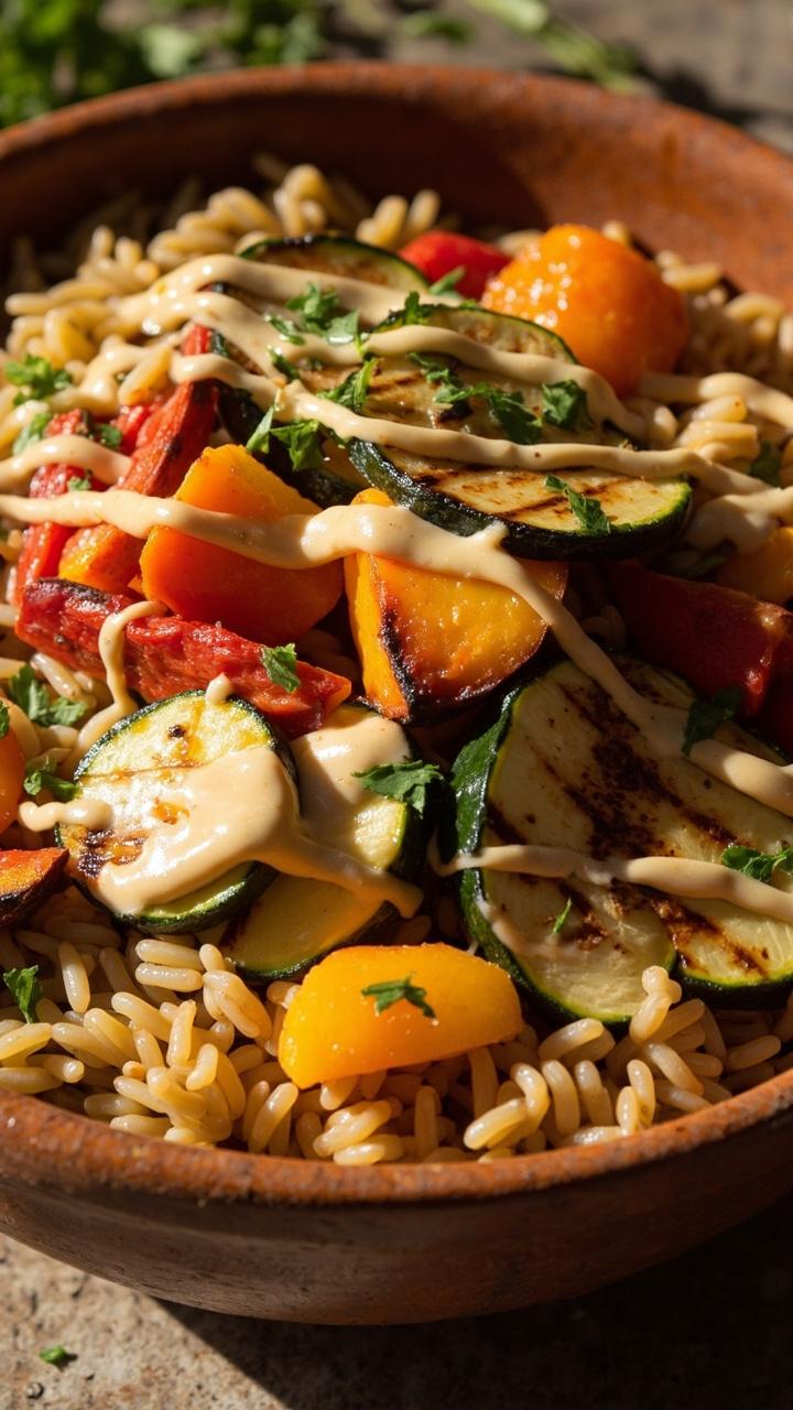 A wide bowl with a base of golden orzo topped in sections with roasted bell peppers, zucchini slices, and cubes of roasted sweet potato. A drizzle of tahini and a sprinkle of chopped parsley finish the bowl.