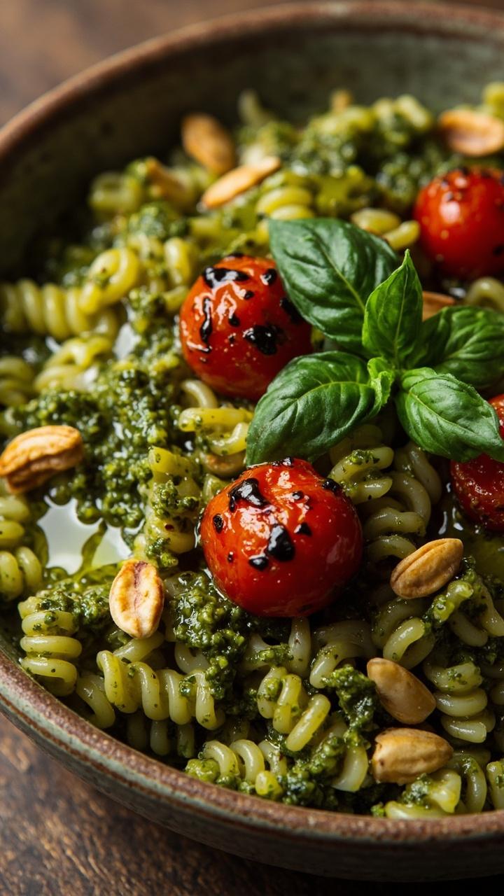 A shallow bowl of green pesto-coated orzo with blistered cherry tomatoes and a few torn basil leaves. A drizzle of olive oil and a scattering of pine nuts finish the plate.