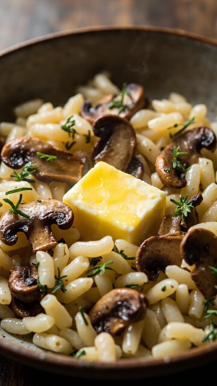 A shallow warm bowl of glossy pale orzo with browned sliced cremini mushrooms and little green thyme leaves scattered on top. A small pat of butter melting in the center adds shine.