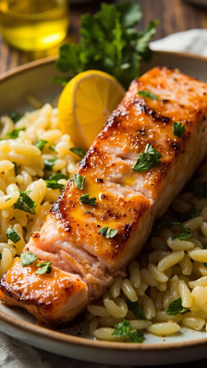 A plate with a seared salmon fillet resting beside lemony orzo dotted with chopped parsley. A lemon wedge and a light drizzle of olive oil glisten on the fish.