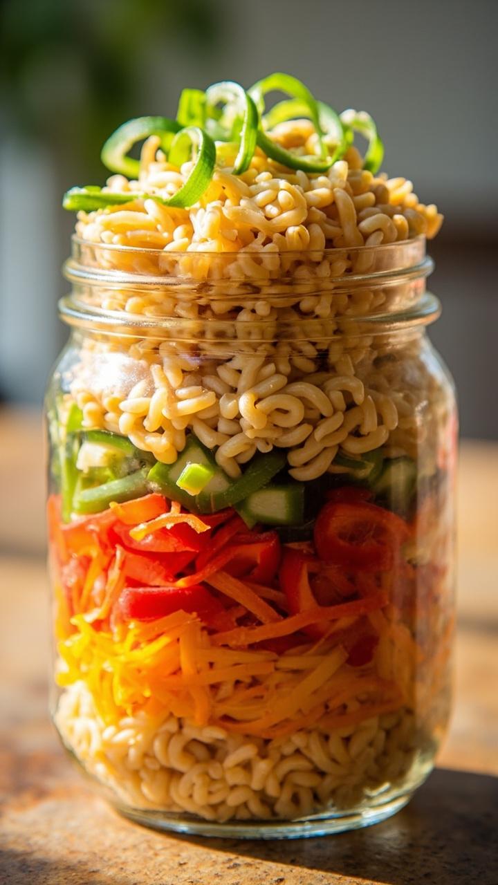 A mason jar style bowl layered with golden orzo mixed with bright diced bell peppers, shredded carrots, whole chickpeas, and chopped scallions. A scattering of sesame seeds sits on top.