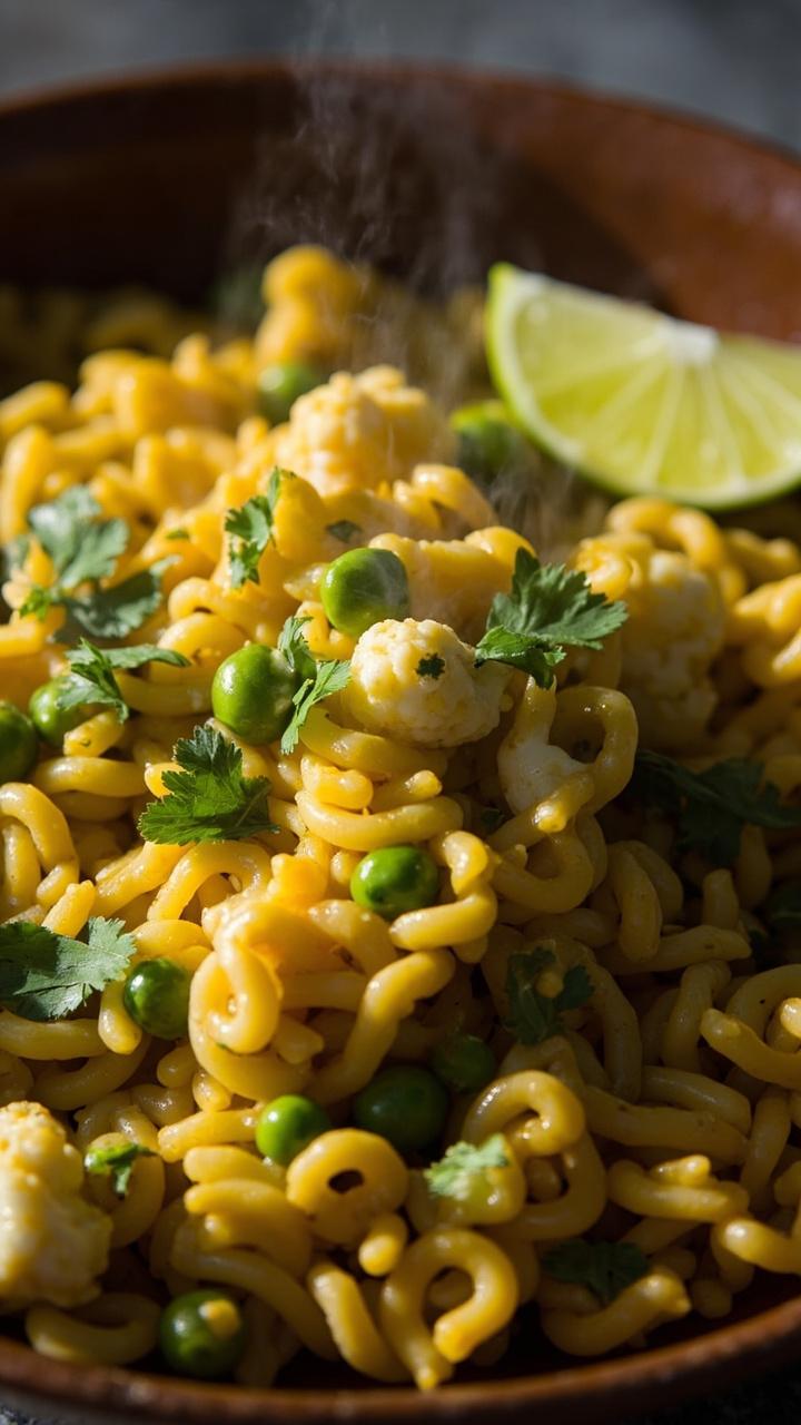 A shallow bowl of golden curried orzo dotted with tender pale cauliflower florets and bright green peas. A sprinkle of chopped cilantro and a lime wedge sit at the edge of the bowl.