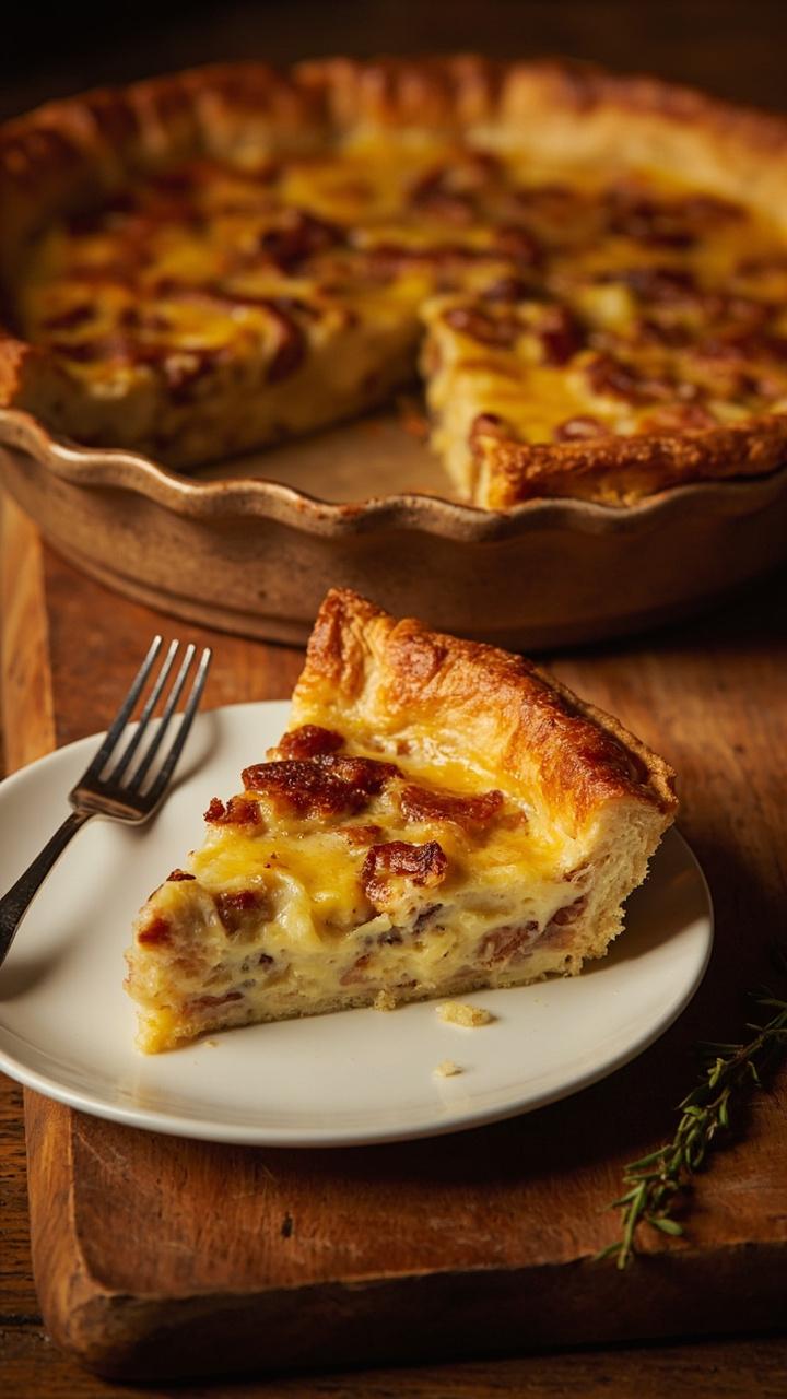 A golden 9 inch quiche on a ceramic pie plate sitting on a warm wooden board. A wedge has been cut and rests on a white plate showing creamy pale yellow custard studded with browned bacon and melted cheese. A fork rests beside the plate and a small sprig of thyme sits on the board.