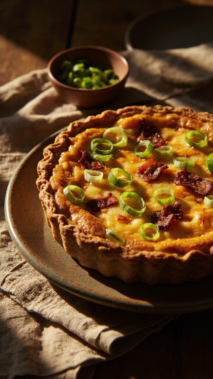 A deep dish quiche on a rustic stoneware plate. The surface has golden melted cheddar with scattered green scallion rounds and small brown bacon bits. A linen napkin and a small bowl of extra scallions sit nearby.