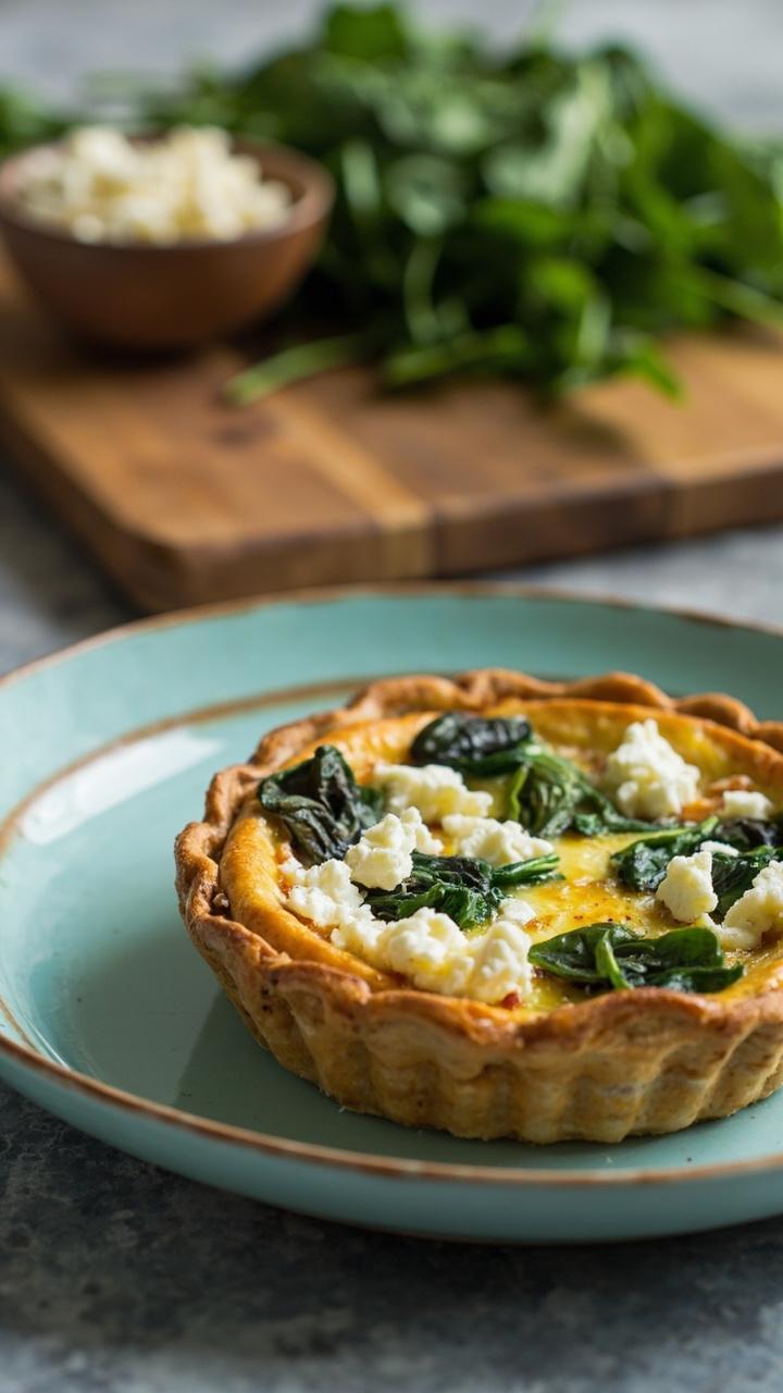 A quiche on a pale blue plate, the top dotted with white crumbles of feta and scattered wilted green spinach leaves. A wooden cutting board with a small bowl of extra feta sits in the background.
