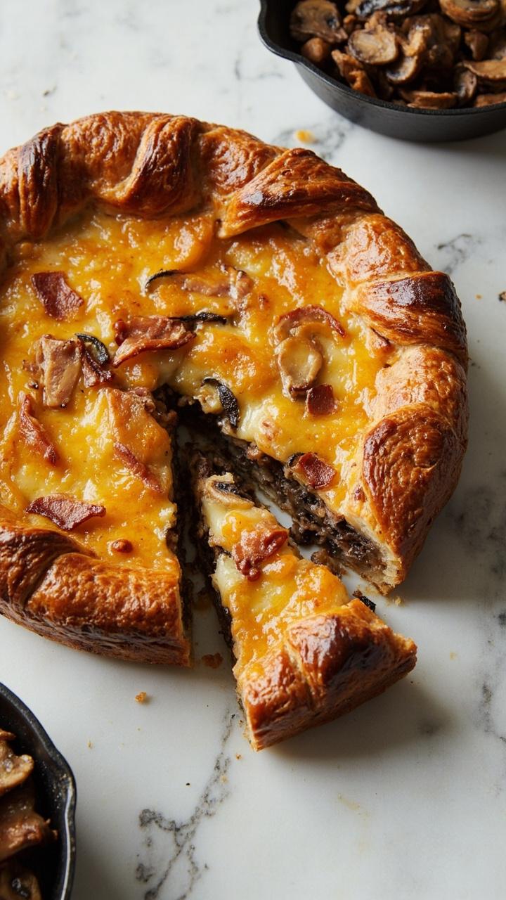A pie with a glossy top on a marble countertop. Visible on the cut slice are tender brown mushroom slices, small bacon bits, and melted pale Swiss cheese. A small cast iron skillet with sautéed mushrooms sits to the side.