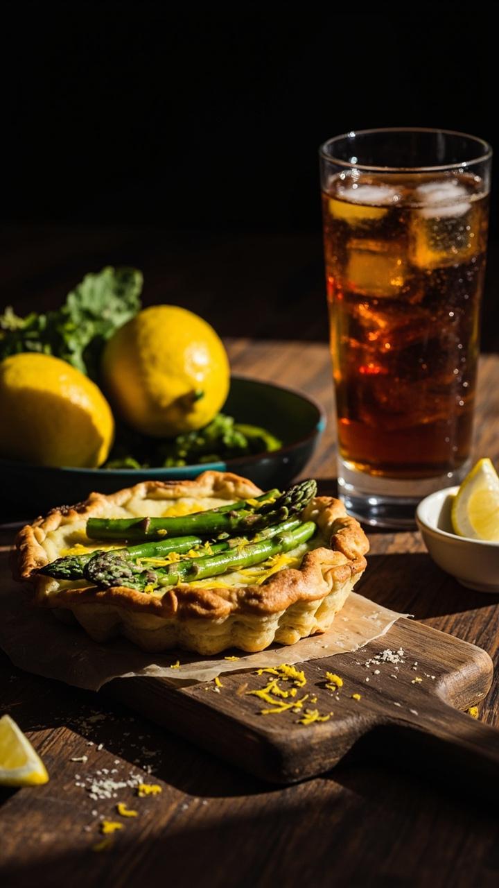 A quiche on a wooden board topped with slender green asparagus tips and a few flecks of finely grated lemon zest. A glass of iced tea and a small bowl with extra lemon wedges sit nearby.