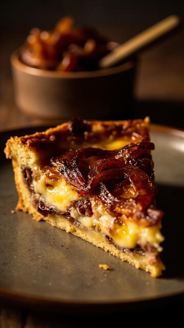 A slice of quiche on a plate showing dark amber ribbons of caramelized onion across the top with browned bacon pieces and melted gruyere beneath. A small ramekin of extra caramelized onion and a wooden spoon sit in the background.