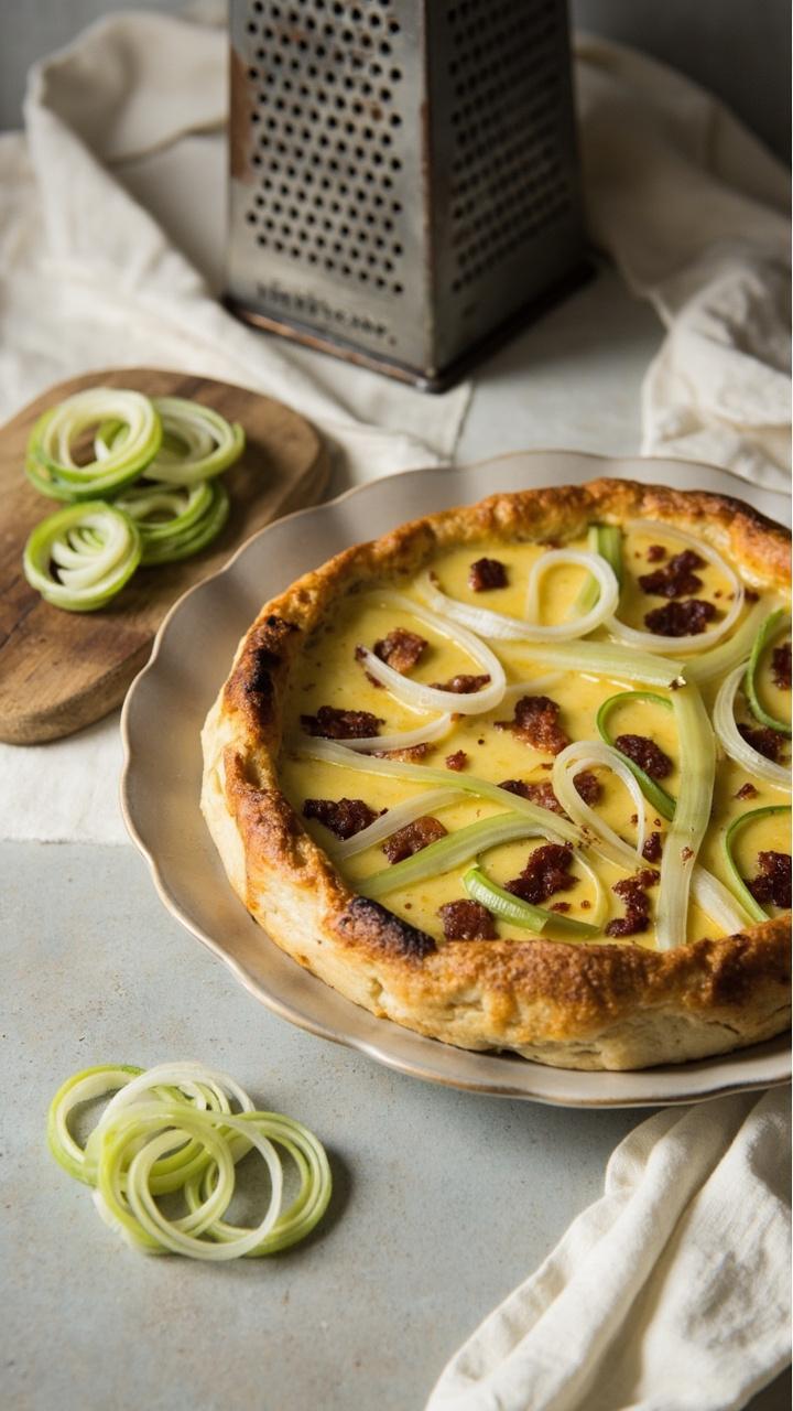 A quiche on a pale plate with visible pale green leek ribbons peeking from the custard and browned bacon bits. A small cutting board holds leftover sliced leeks and a vintage grater.