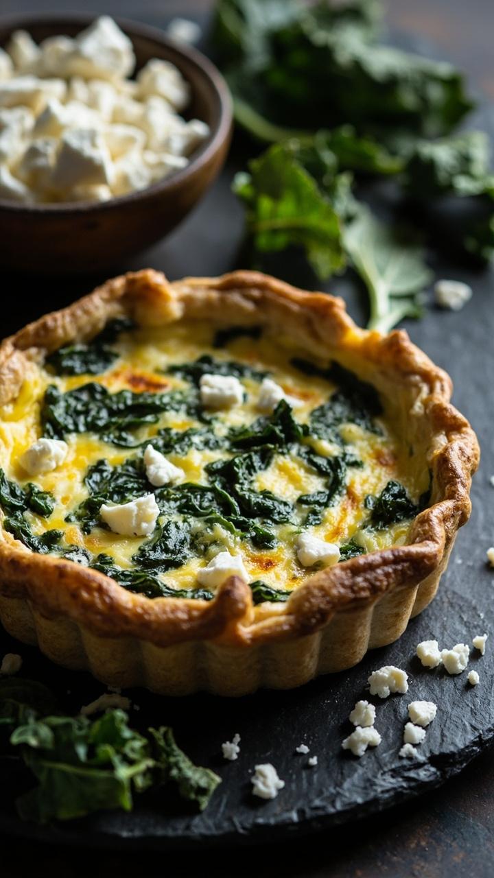 A quiche on a dark slate plate with visible flecks of deep green kale and white goat cheese crumbles in the custard. A small bowl of extra crumbled goat cheese and a few torn kale leaves sit to the side.
