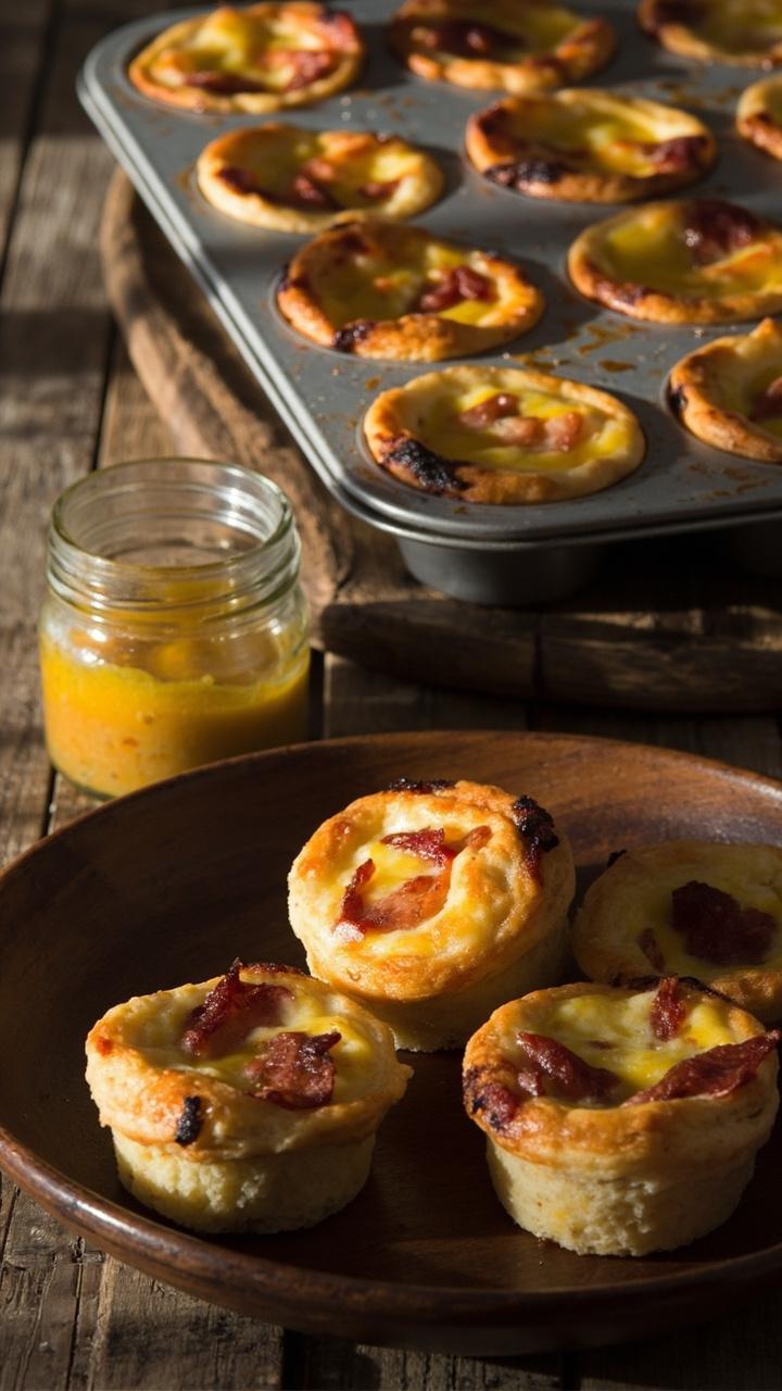 A muffin tin lined with small golden mini quiches, a few removed and arranged on a wooden platter. Each mini shows small bacon pieces and lightly browned tops. A small jar of honey mustard sits nearby.