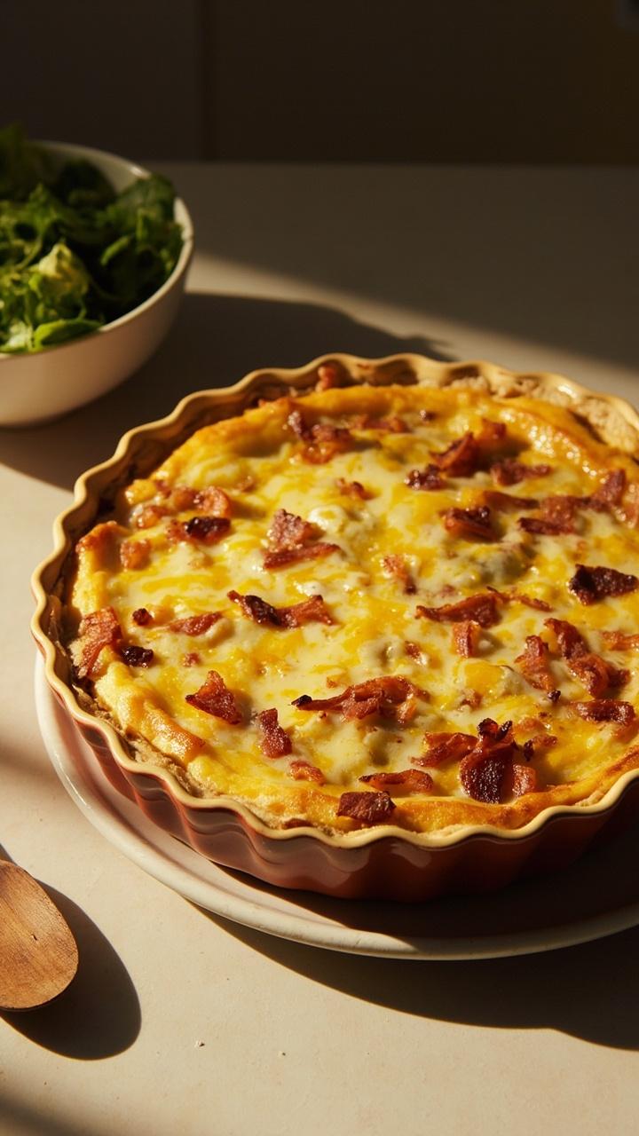 A round pie dish without a crust showing a smooth, evenly browned custard filled with bacon bits and cheese. A simple salad bowl and a wooden spoon sit nearby.