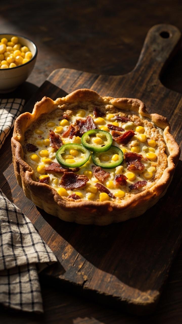 A quiche on a wooden board with visible yellow corn kernels and small green jalapeno slices dotted across the top along with bacon bits. A small bowl of extra corn and a folded plaid napkin sit nearby.
