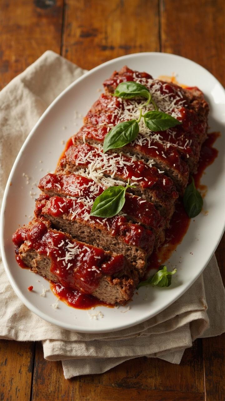 Sliced oblong meatloaf on a white oval platter, glossy marinara drizzled over each slice, grated Parmesan dusted on top, a few whole basil leaves scattered, rustic wooden table and a linen napkin