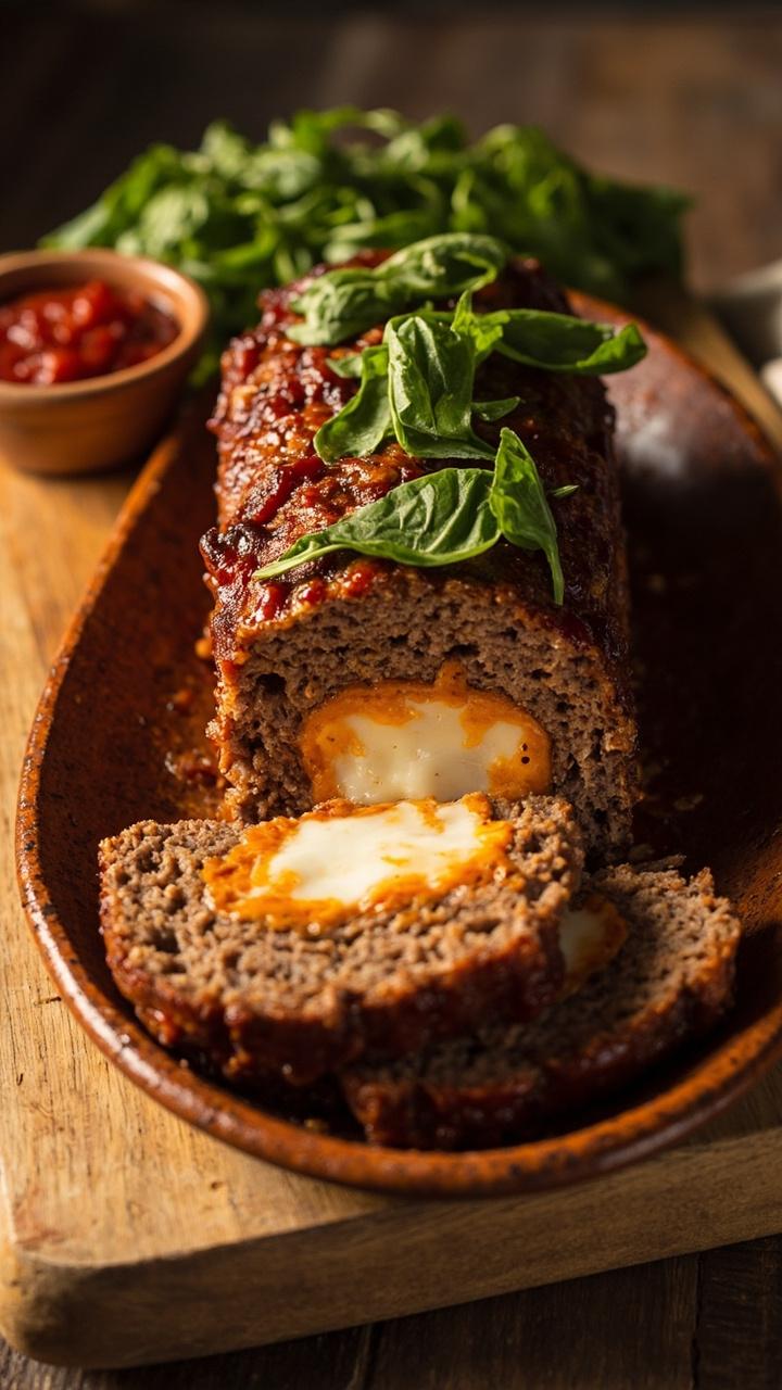 Cross section of meatloaf showing molten orange white mozzarella oozing from center, slices on a round ceramic plate, torn basil leaves on top, small ramekin of extra marinara on the side, light wooden board underneath