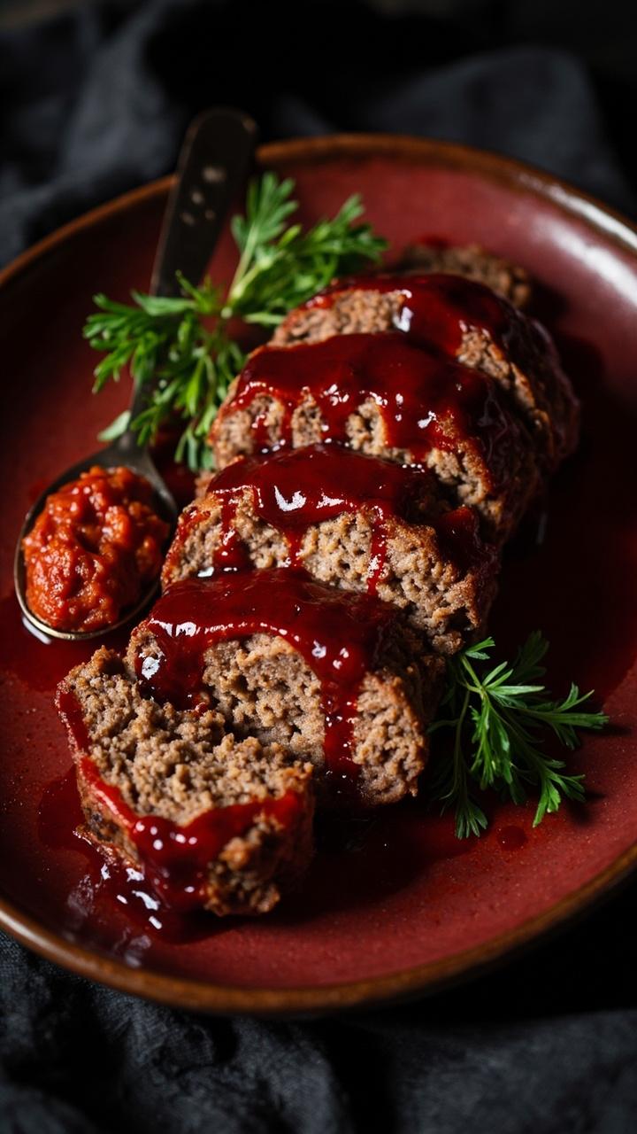 Sliced meatloaf with a deep red glaze, small spoonful of Calabrian chili paste on the side, sprigs of parsley for color, red ceramic plate on a dark linen napkin
