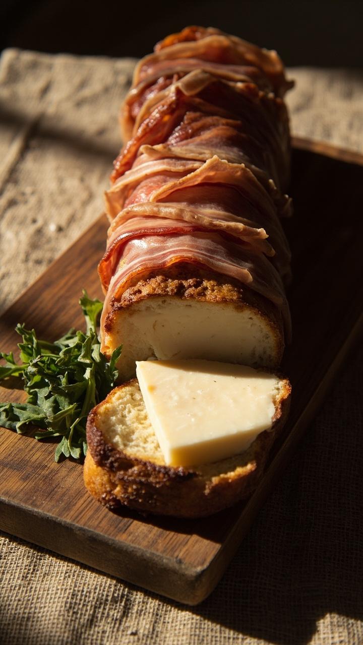 Loaf wrapped in thin prosciutto slices with browned edges, one slice cut to show provolone inside, small pile of arugula on side, wooden board and a linen placemat