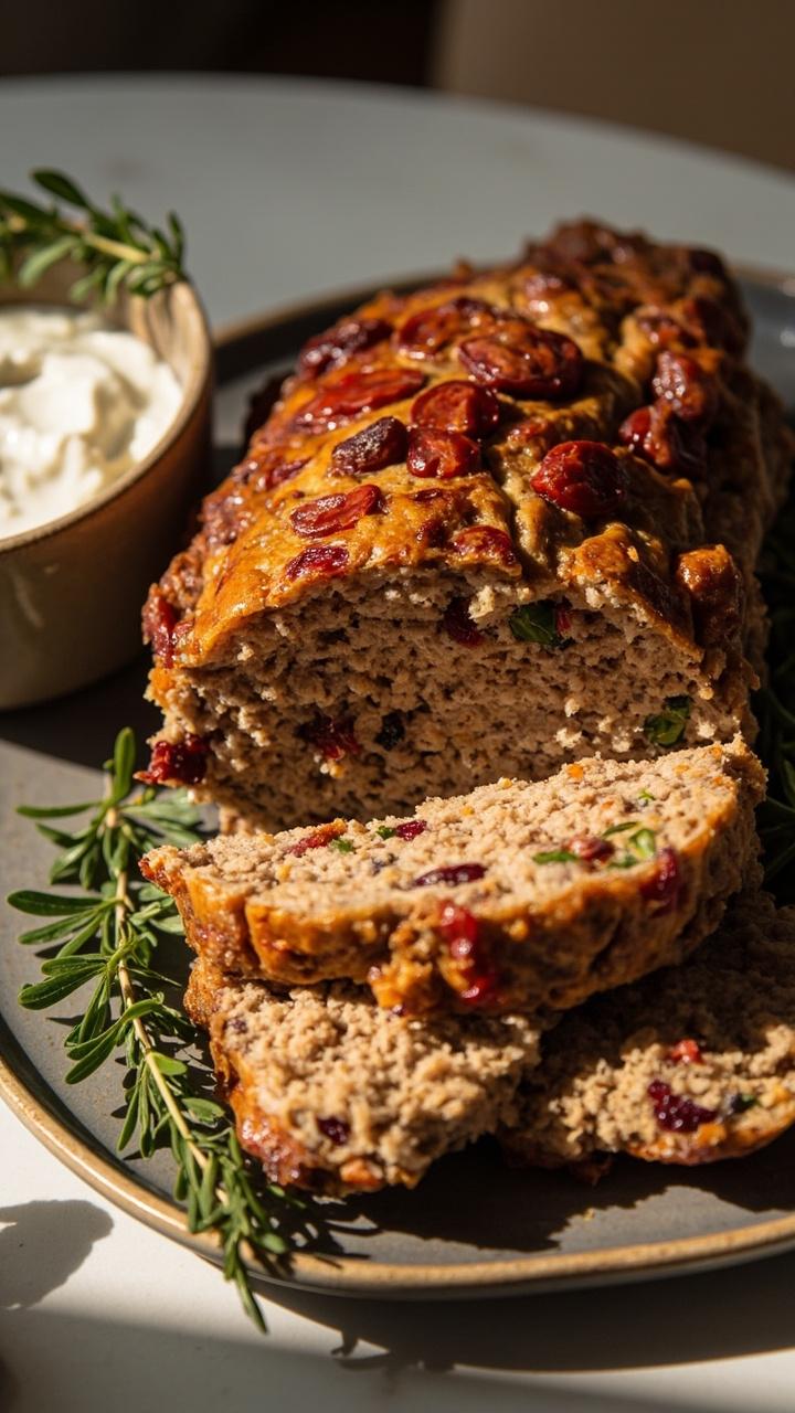 Golden brown turkey meatloaf sliced on a neutral plate, visible flecks of sun dried tomato and oregano in each slice, small bowl of lemony yogurt on the side, sprig of oregano for garnish