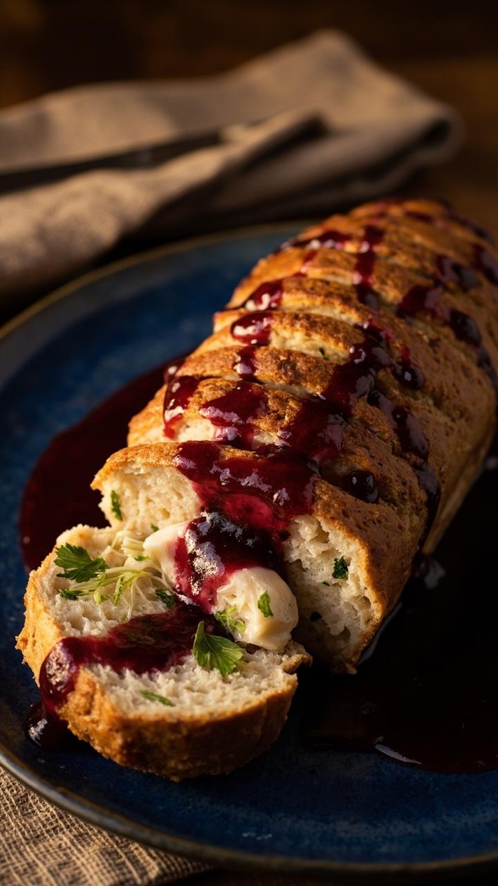 Sliced loaf with a glossy red wine reduction pooled around base, visible flecks of fennel and parsley in slices, deep blue plate and folded napkin