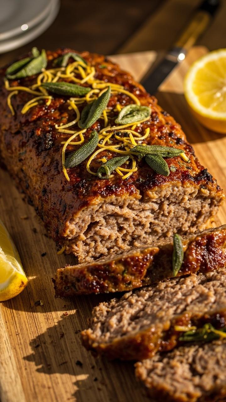 Pork meatloaf with bright lemon zest on top, sage leaves tucked into the crust, slices arranged on a light wooden board, small lemon wedges nearby