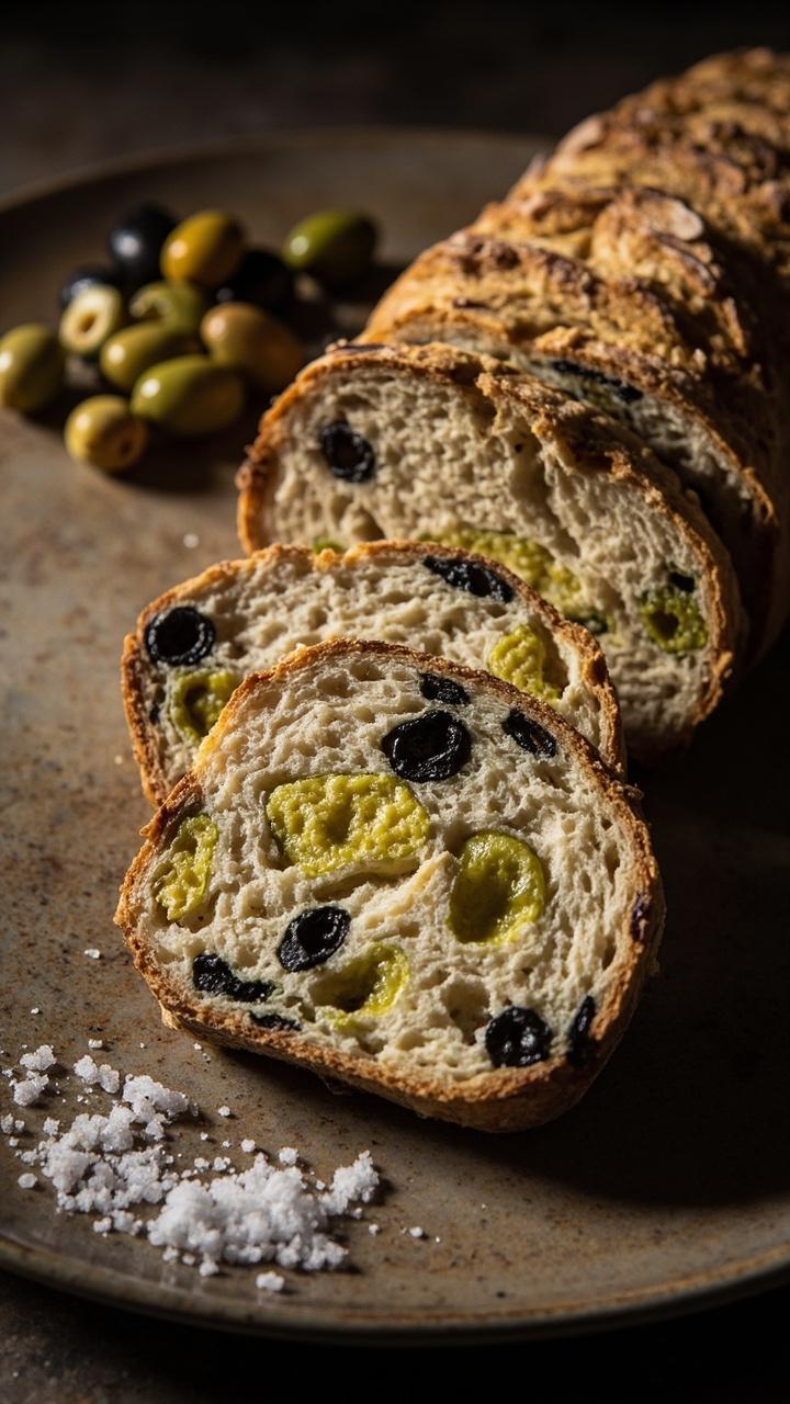 Sliced loaf showing bits of green and black olives and visible seeds, slices on a stoneware plate, small pile of mixed olives on the side, coarse salt sprinkled nearby