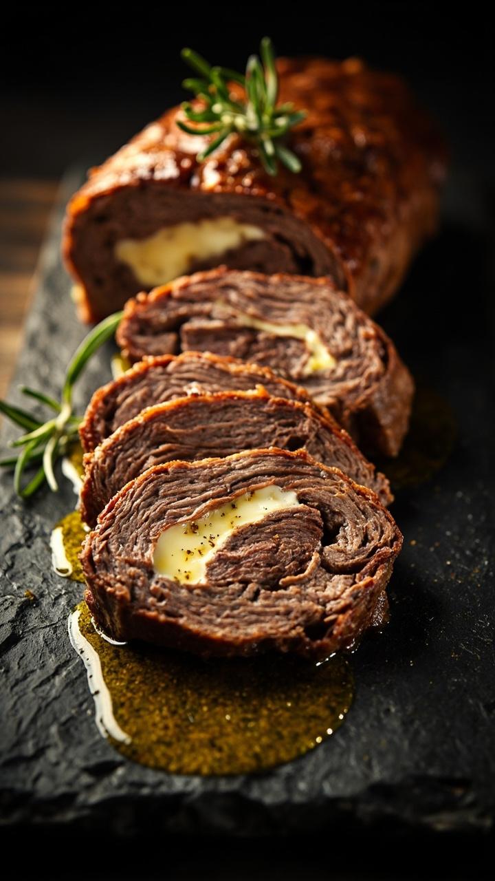 Sliced lamb loaf with flecks of rosemary and cheese, small sprig of rosemary for garnish, slate board and a drizzle of olive oil around slices