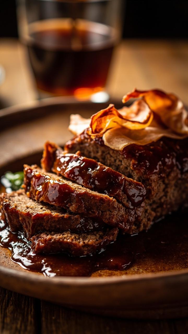 Meatloaf glazed with a shiny dark Marsala reduction, thin strips of crisped pancetta on top, slices arranged on a warm ceramic platter, small glass of Marsala in the background