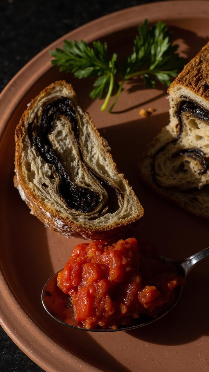 Sliced loaf with dark olive tapenade streaks inside, spoonful of red pepper relish on the side, earth tone plate and a sprig of parsley