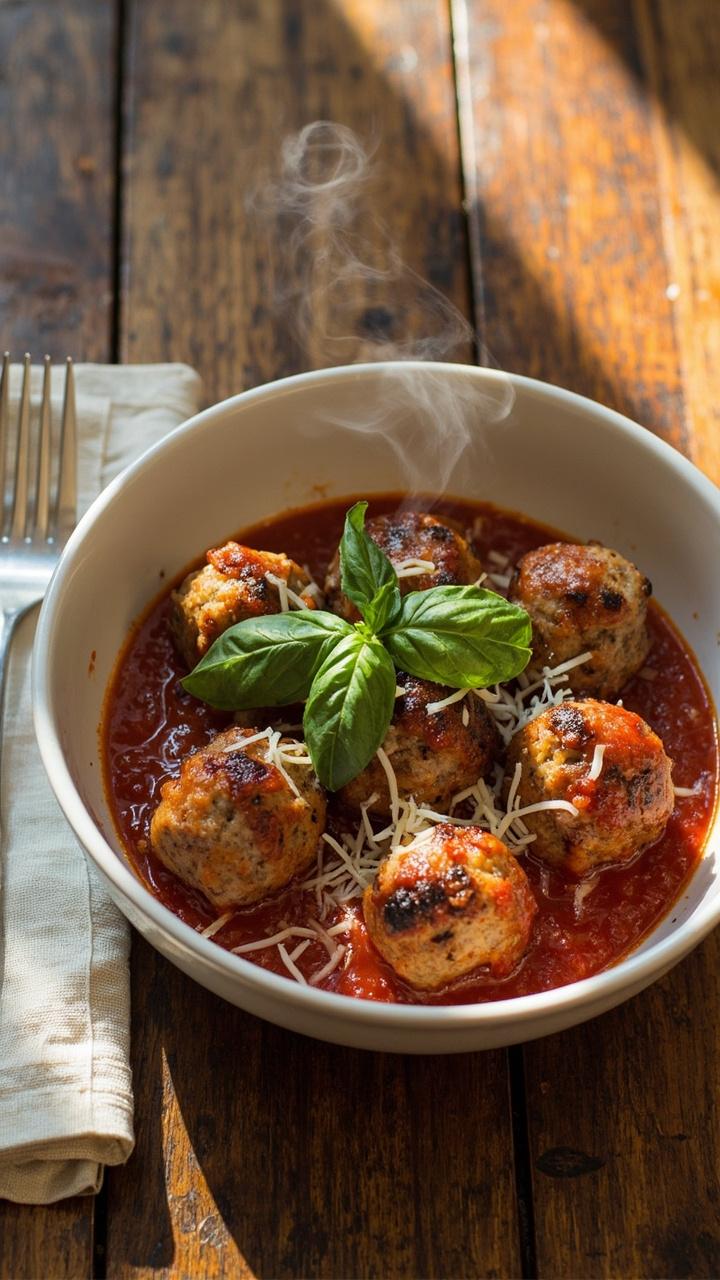 Golden brown turkey meatballs nestled in a glossy red tomato basil sauce, a shallow white bowl on a wooden table, a sprinkling of torn fresh basil and grated Parmesan, a linen napkin and a fork beside the bowl