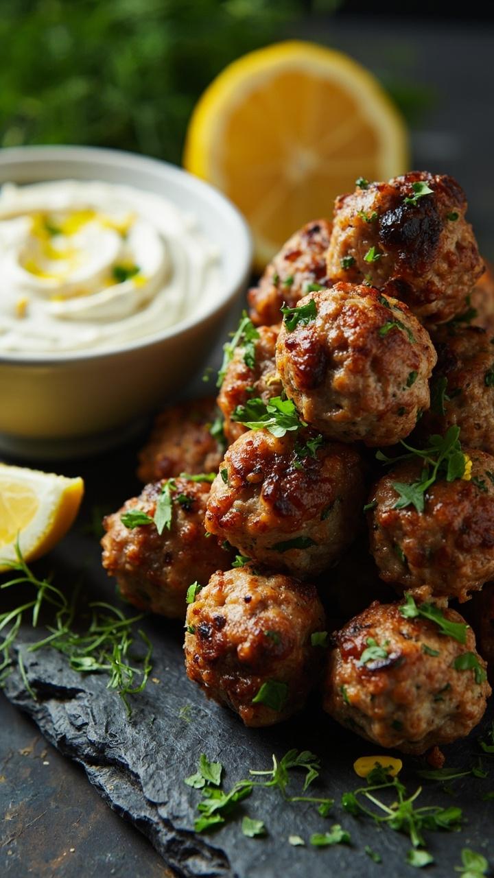 Small golden turkey meatballs dusted with chopped parsley stacked on a slate board, a small white bowl of creamy yogurt dip with lemon zest, lemon wedges and a scattering of fresh dill