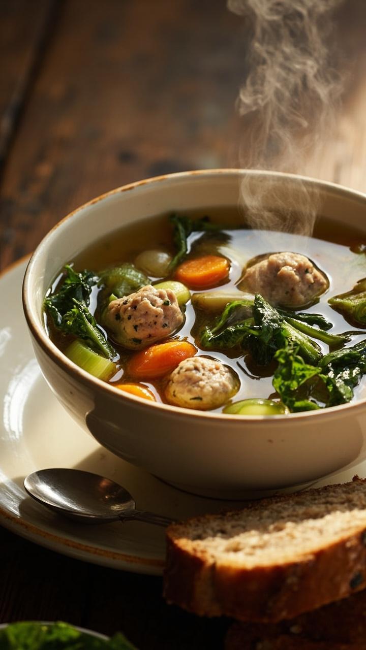 A steaming bowl of clear broth with small turkey meatballs, carrot rounds, celery slices, and ribbons of kale, a spoon resting on a ceramic saucer and a slice of crusty whole grain bread at the edge of the table