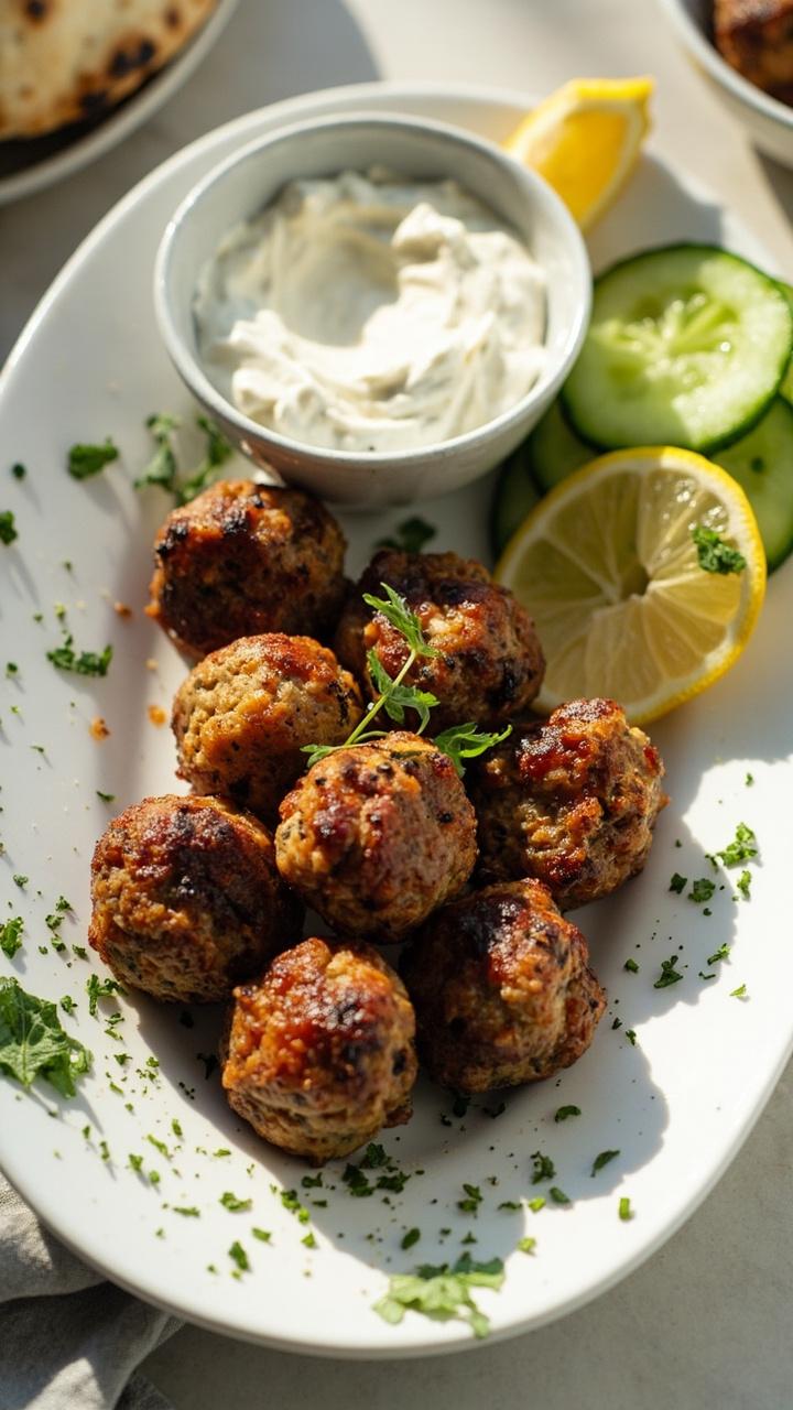 Plated turkey meatballs on a white oval plate beside a small bowl of tzatziki, sliced cucumber and lemon wedge garnish, a scattering of chopped mint and a piece of pita bread partially visible