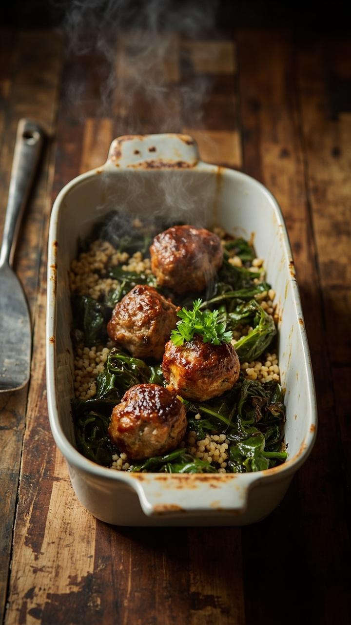 A shallow baking dish with golden baked meatballs on a bed of wilted spinach and scattered cooked quinoa, a sprig of parsley on top and a serving spatula beside the dish
