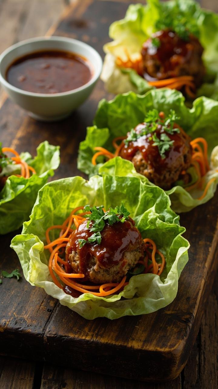 Crisp butter lettuce leaves arranged on a wooden board, each leaf topped with sauced turkey meatball, thin carrot ribbons, and chopped cilantro, a small dish of extra glaze at the corner