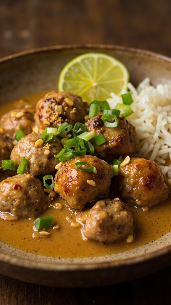 A shallow bowl of glossy peanut coconut sauce holding several browned turkey meatballs, chopped scallions and crushed peanuts on top, a lime wedge and a small mound of steamed rice at the side