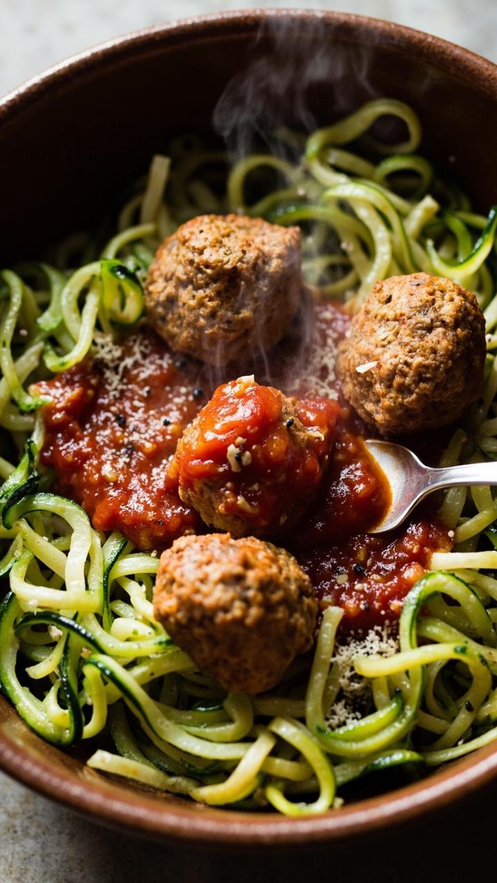 A deep bowl with a nest of green zucchini noodles topped with three turkey meatballs, a spoonful of warm garlic tomato drizzle, grated Parmesan and crushed black pepper, a fork twirled at the edge