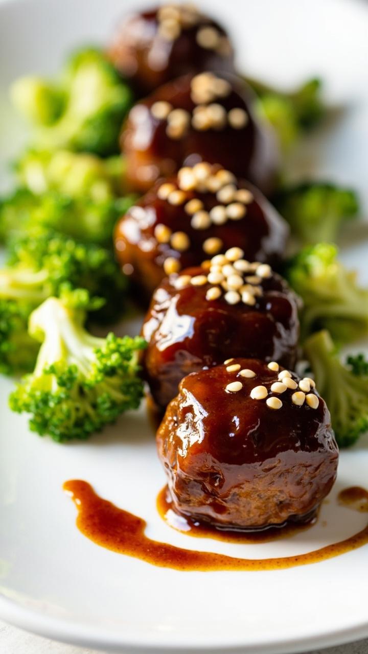 Glazed teriyaki turkey meatballs lined beside bright green steamed broccoli on a simple white plate, sesame seeds sprinkled on top and a small drizzle of extra sauce on the rim