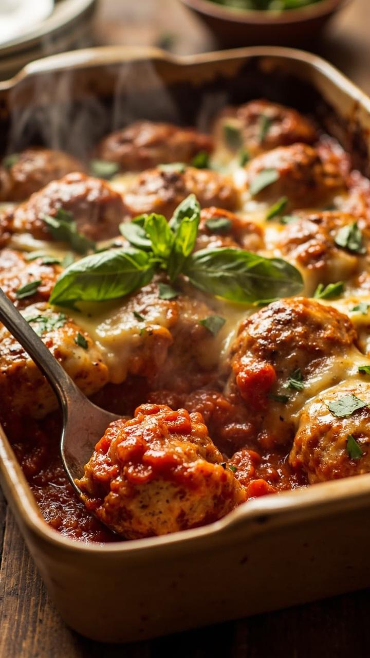 A shallow baking dish with turkey meatballs topped with melted mozzarella and a bright spoonful of tomato sauce, a scattering of chopped basil and a serving spoon ready to dish out