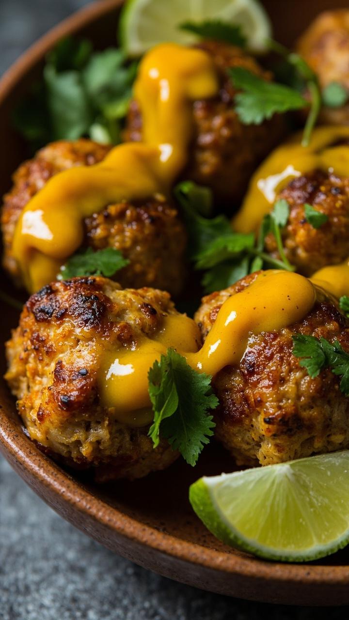 A shallow bowl with golden turkey meatballs dusted with curry powder, a thin drizzle of bright orange mango chutney, fresh cilantro leaves, and a wedge of lime at the edge