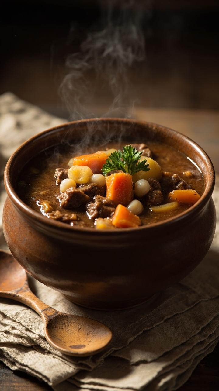 A deep ceramic bowl of chunky brown stew with visible beef pieces, diced carrots, potato chunks, and pearl onions, a glossy brown gravy, a sprig of parsley on top, a rustic wooden spoon resting beside the bowl, a linen napkin underneath