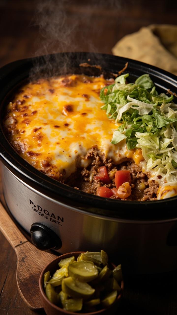 A shallow oval slow cooker filled with a bubbly golden cheese layer covering crumbled beef and diced tomatoes, sliced pickles and chopped lettuce spooned on one side of a serving, a small bowl of extra pickles beside the cooker, a wooden spatula