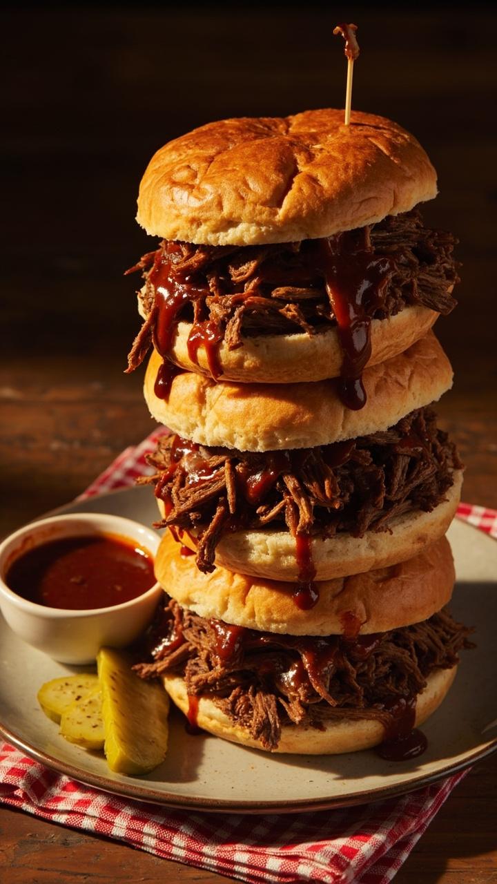 A stack of toasted hamburger buns with glossy loose saucy beef spilling out, a small bowl of extra sauce beside, a plate with a couple of pickles, a checked diner style napkin under the plate