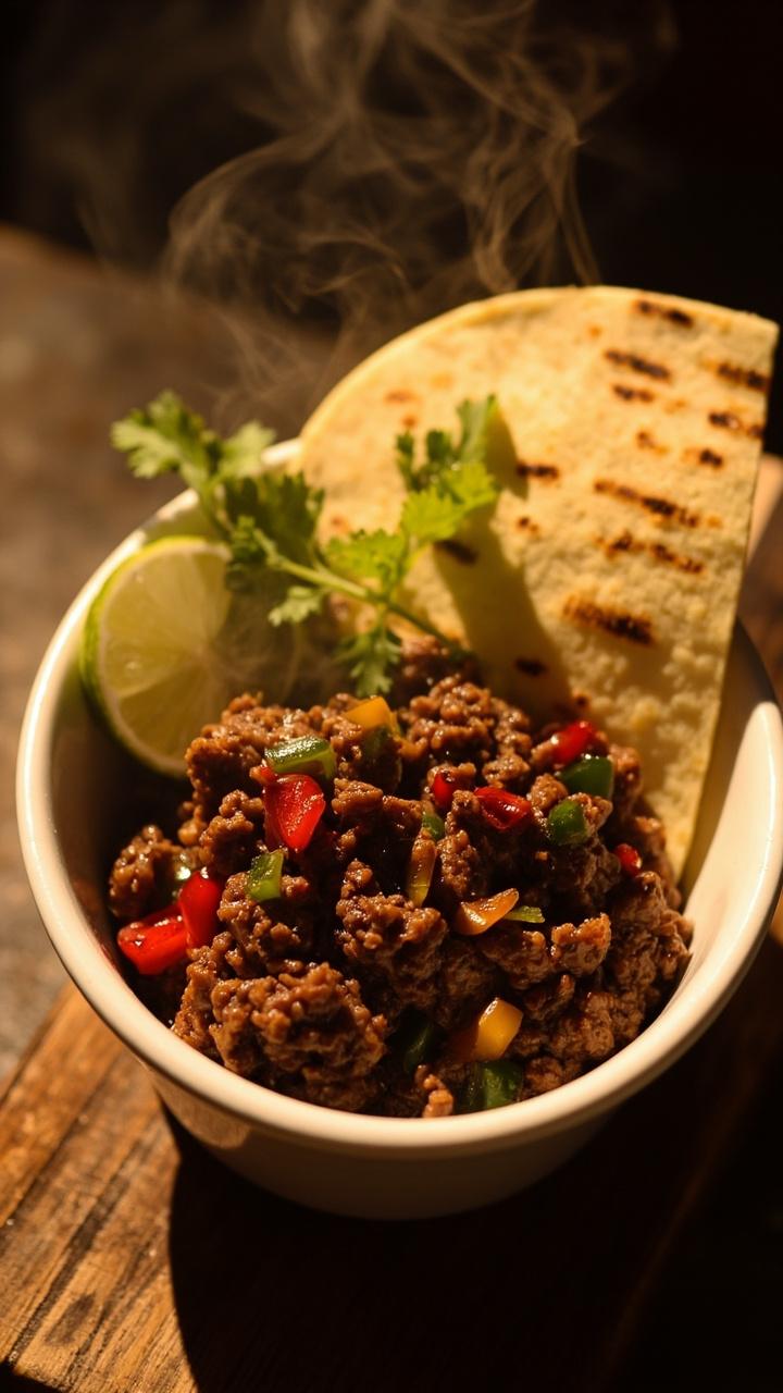 A shallow white bowl of seasoned ground beef with visible red and green bell pepper bits, a small pile of warm corn tortillas folded beside, a lime wedge and a few cilantro leaves on the side, a wooden board beneath