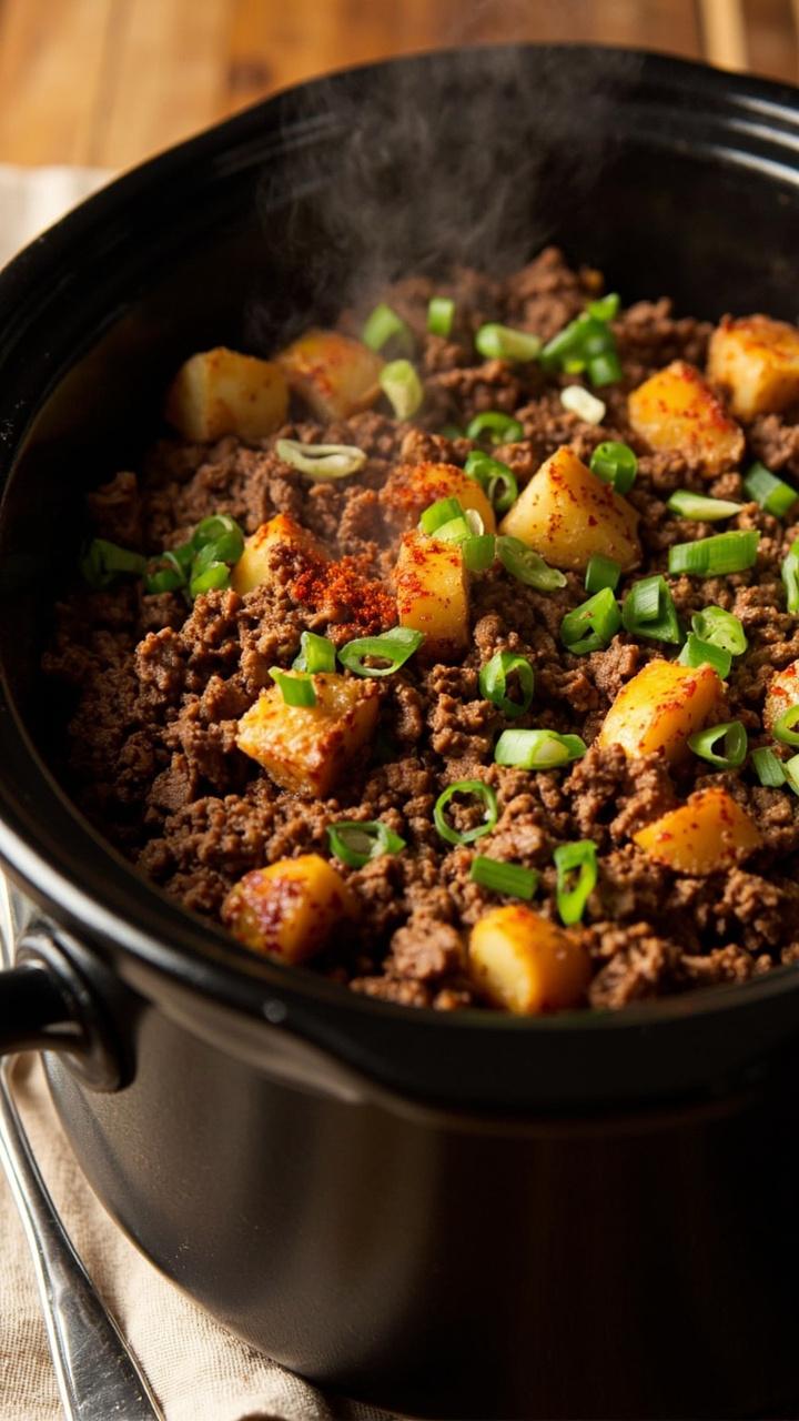 A cast iron skillet style slow cooker insert with browned ground beef and golden potato cubes, scattered chopped green onions and a few paprika dustings on top, a fork on a napkin beside